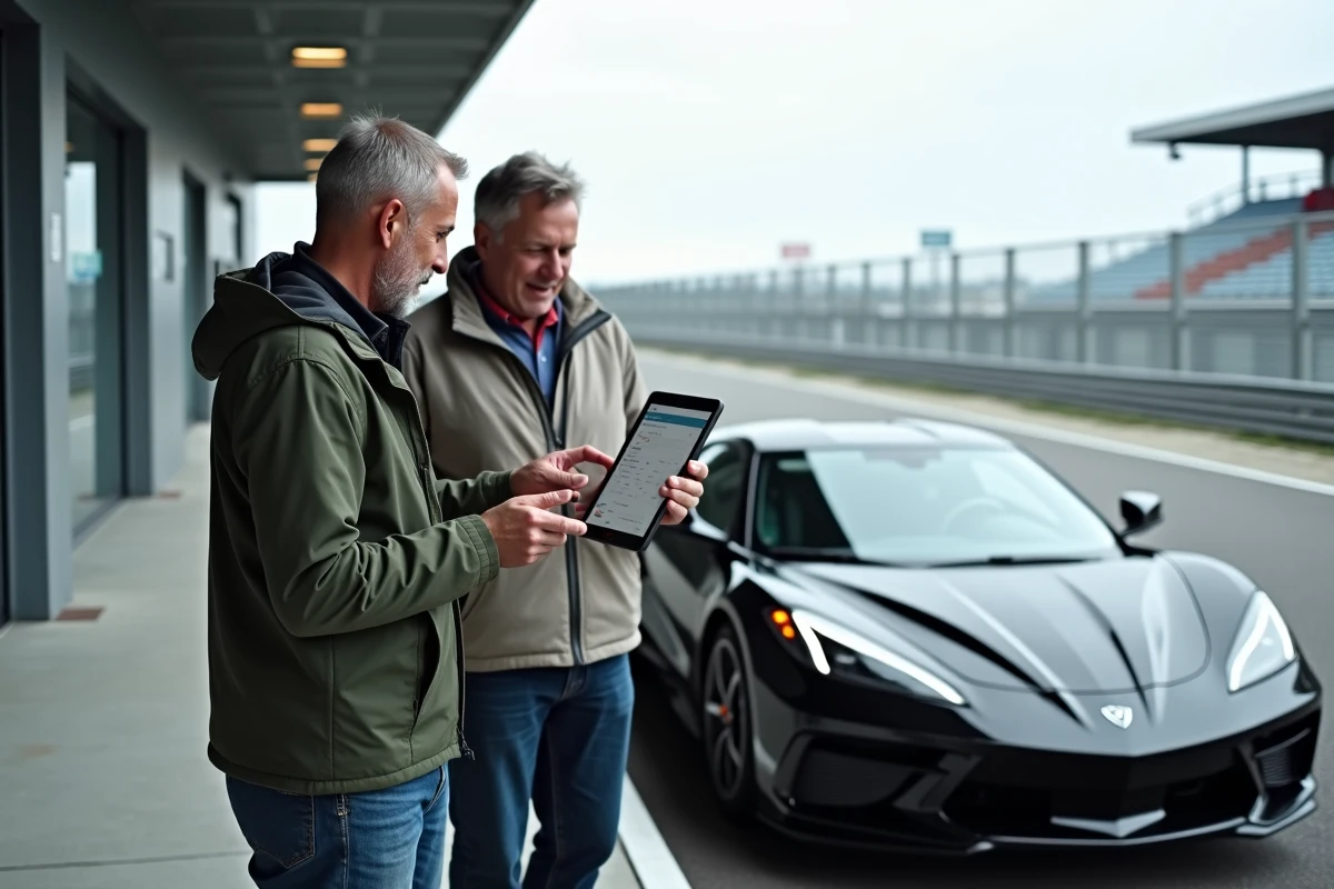 Deux hommes comparant les prix d'un stage de pilotage sur tablette à côté d'une voiture de sport dans un paddock