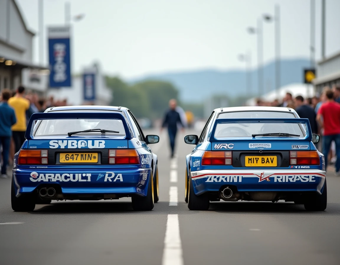 Comparaison côte à côte d'une Subaru Impreza Groupe A et d'une Subaru World Rally Car en paddock, différences aérodynamiques visibles