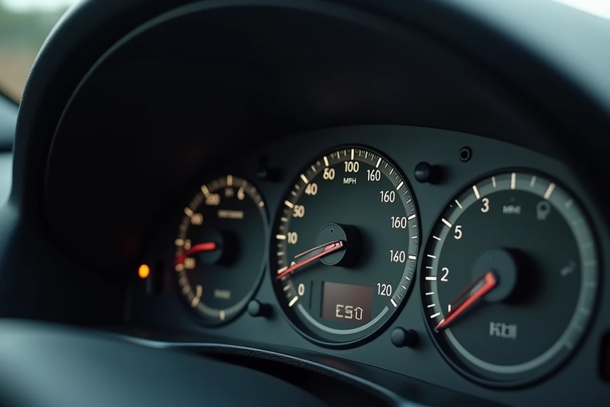 Gros plan du compteur de vitesse d'une voiture britannique affichant les miles et kilomètres par heure