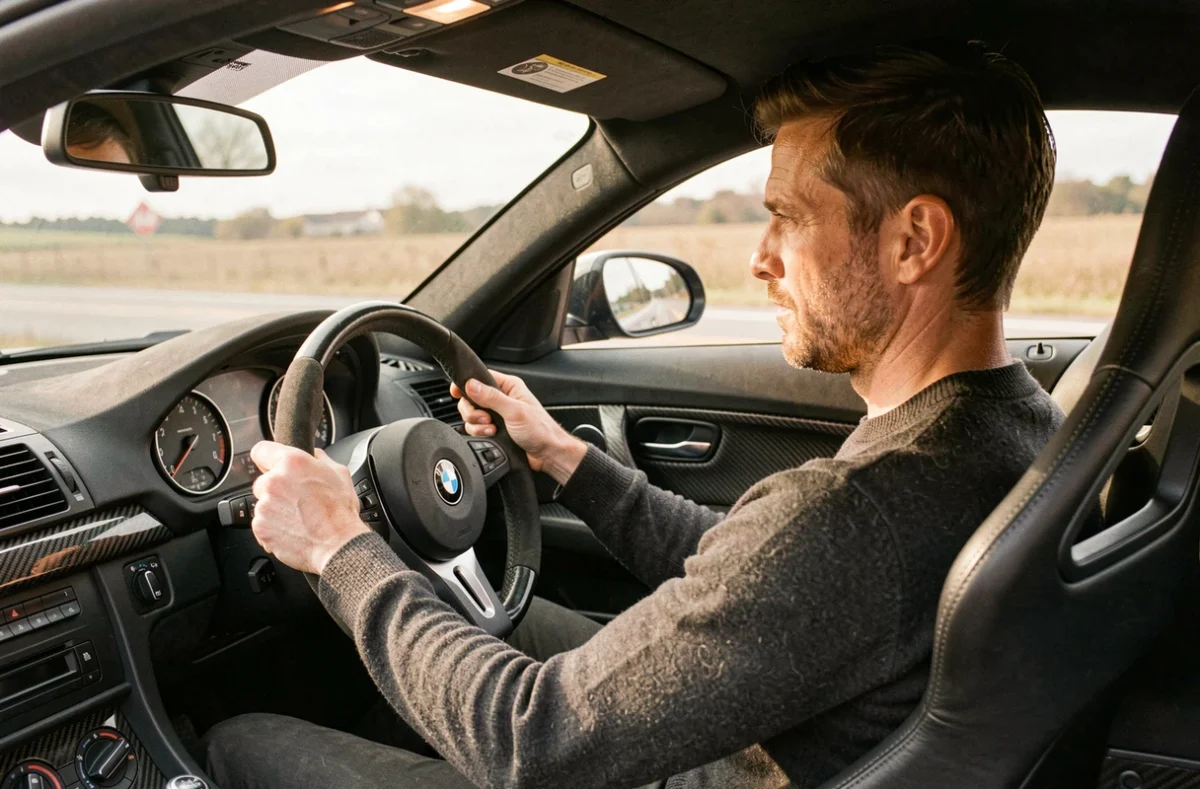 Conducteur masculin au volant d'une BMW CSL sur route ouverte, intérieur sportif en carbone et Alcantara