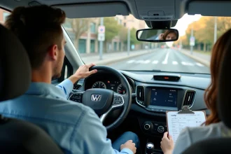 Jeune conducteur en cours d'examen de permis de conduire avec examinateur tenant une grille d'évaluation