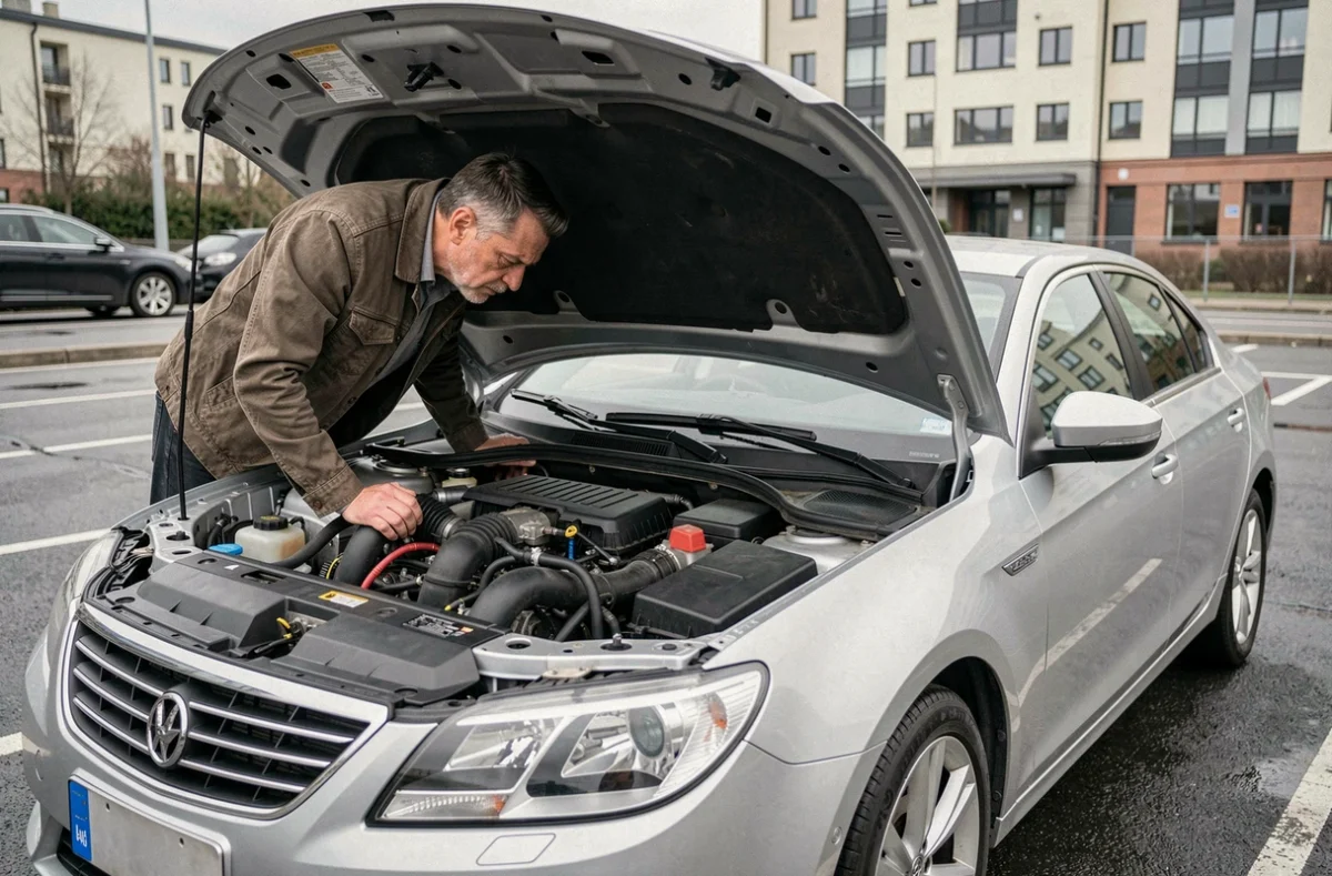 Conducteur inspectant le compartiment moteur d'une voiture diesel avec un problème de vanne EGR en milieu urbain