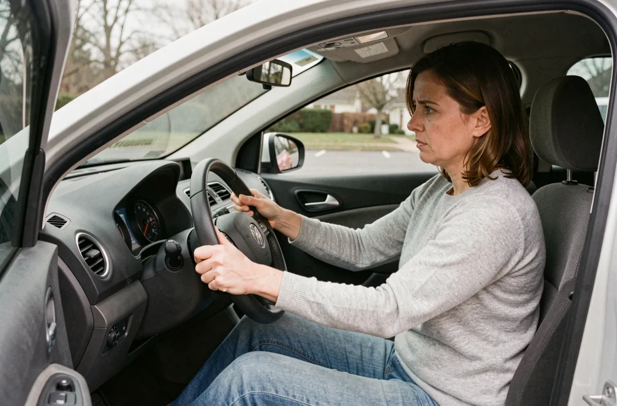 Conductrice ressentant une anomalie dans la direction de sa voiture dans un parking, illustrant les symptômes d'usure de la timonerie