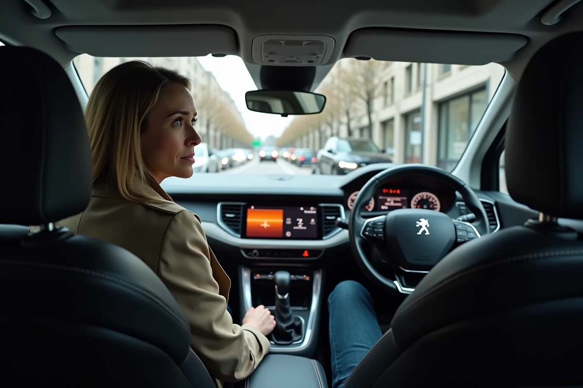 Conductrice inquiète regardant le voyant orange allumé sur le tableau de bord d'une Peugeot 3008
