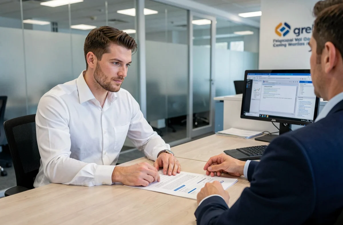Conseiller en assurance expliquant un contrat auto obligatoire à un client en agence