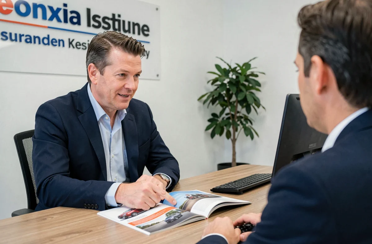 Conseiller en assurance moto présentant une offre à un client dans une agence professionnelle