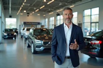 Conseiller automobile expliquant les chevaux fiscaux d'un véhicule dans une concession moderne