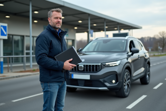 Homme avec documents près d'un SUV au poste frontière