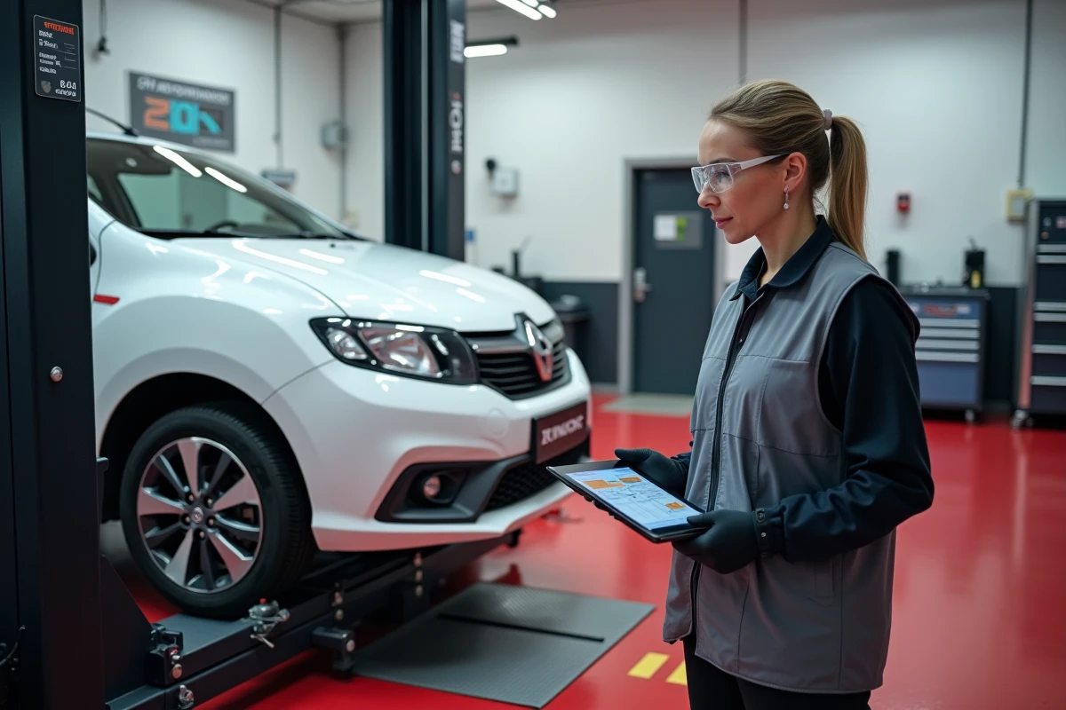 Technicienne réalisant un contrôle de géométrie des roues avant sur une citadine avec machine d'alignement professionnelle