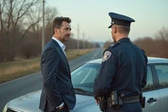 Homme en costume parle à un policier au contrôle routier