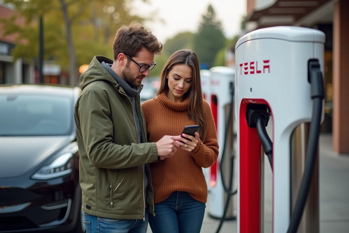 Couple consultant leur téléphone devant une borne Supercharger Tesla, préparer l'achat d'une voiture électrique en 2026