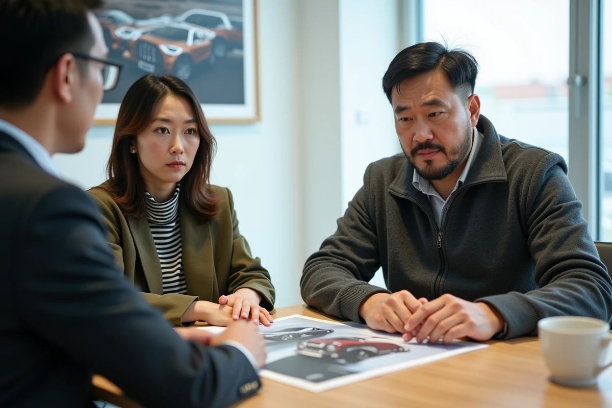 Un couple discute avec un conseiller commercial en examinant la brochure d'une marque automobile chinoise avant de prendre une décision d'achat