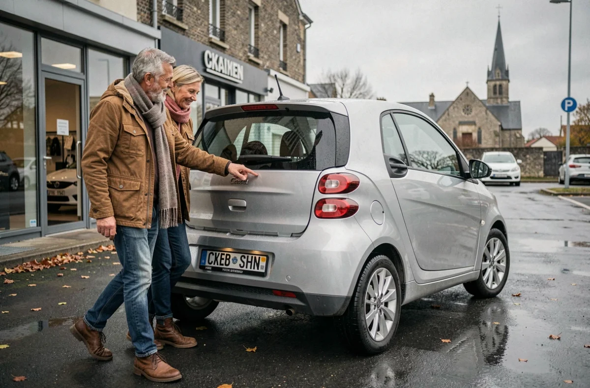 Couple inspectant une voiture sans permis devant un concessionnaire à Caen en automne