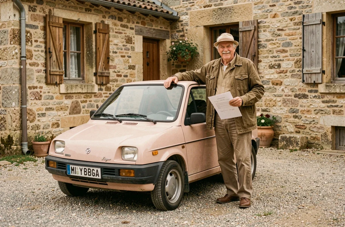 Un couple de retraités devant leur Ligier sans permis d'occasion achetée devant une maison de campagne française