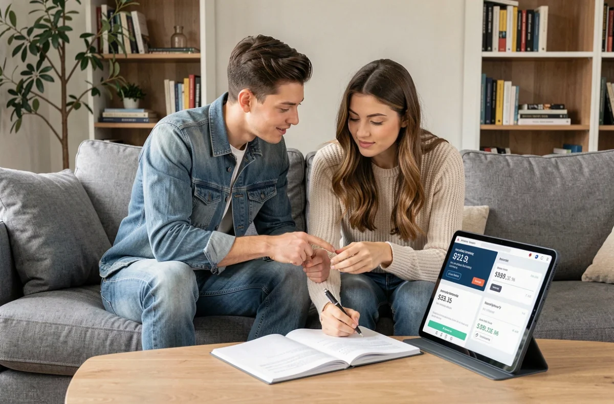 Couple comparant des simulations de devis assurance auto sur une tablette dans leur salon