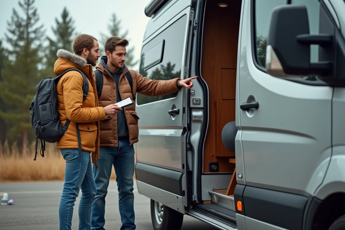 Jeune couple examinant des traces de rouille sur un camping-car