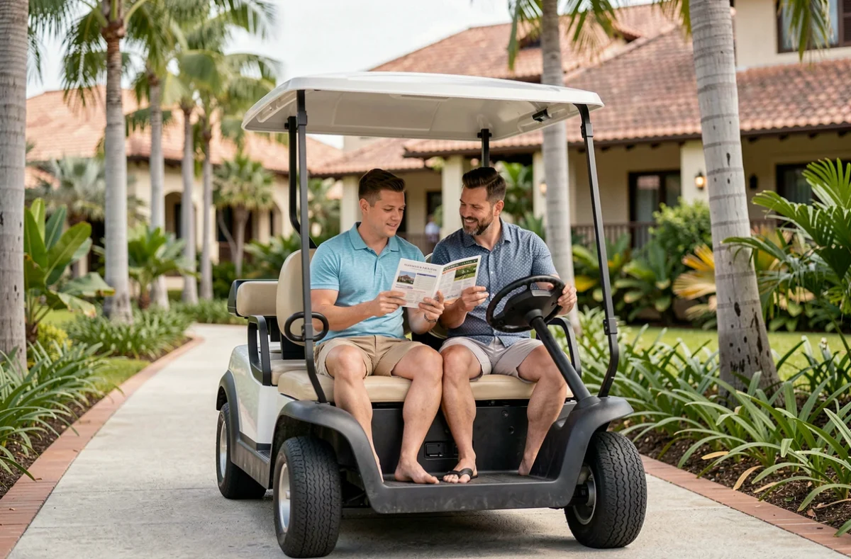 Couple en voiturette de location dans un resort touristique consultant les tarifs et la durée de location