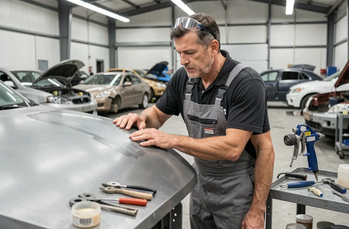 Technicien de DC Carrosserie inspectant un panneau repeint lors d'une remise en état de carrosserie