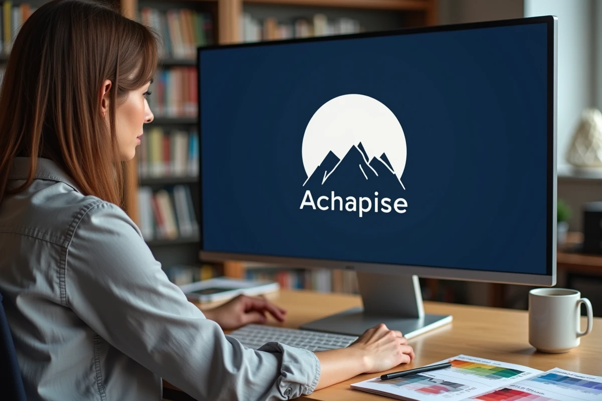 Designer graphique travaillant sur un logo alpin devant son écran avec des guides de couleurs et chartes typographiques