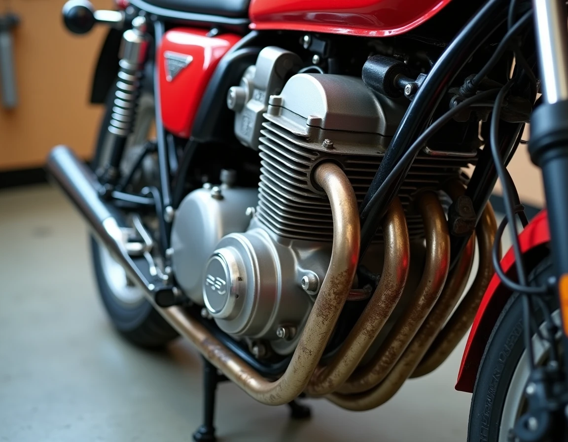 Gros plan sur le moteur quatre cylindres de la Honda CB900 avec traces d'usure et patine métallique, révélant l'état réel après un gros kilométrage