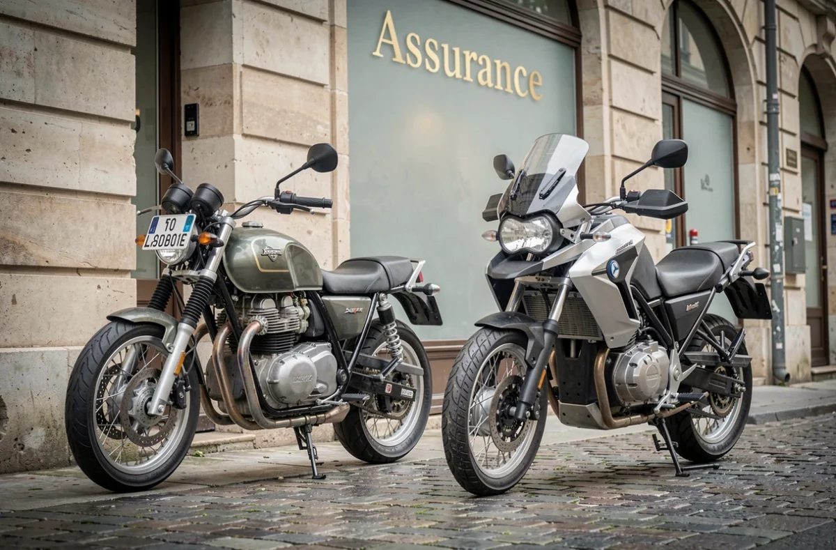 Deux motos garées devant une agence d'assurance en France illustrant la comparaison de contrats
