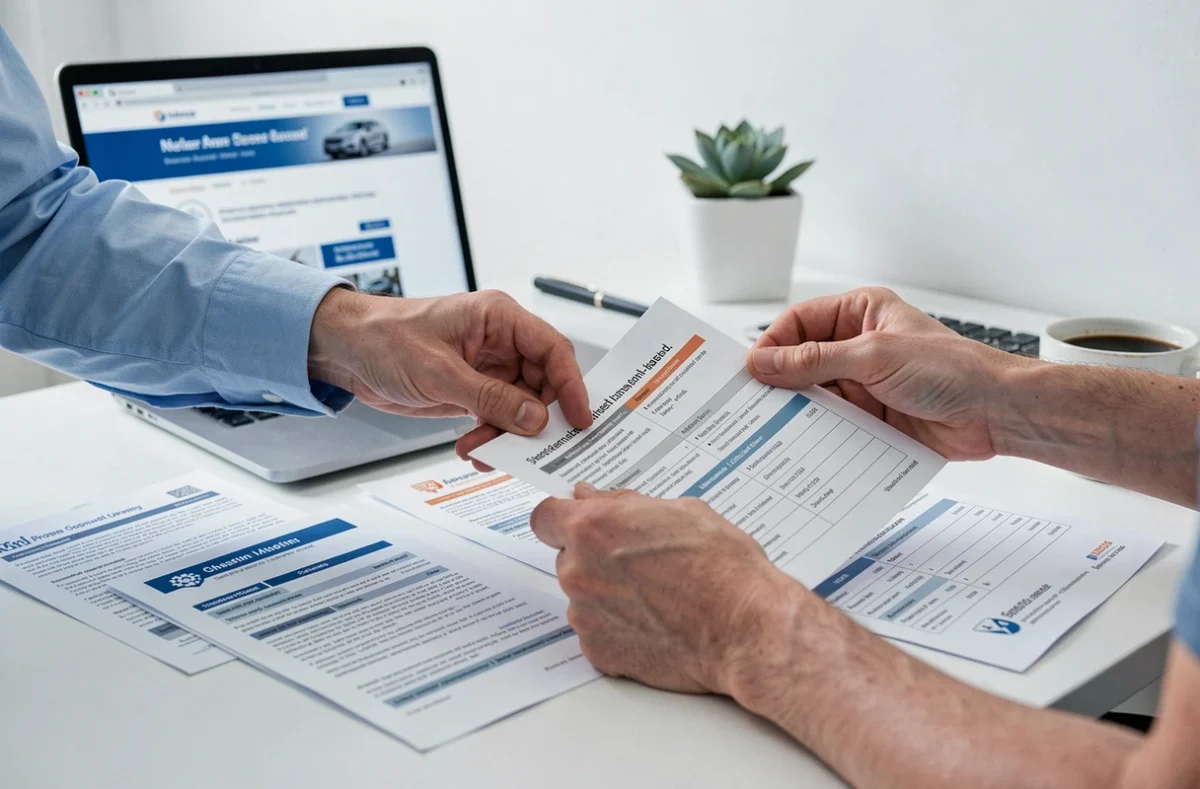 Mains feuilletant des documents et brochures pour comparer les assurances automobile