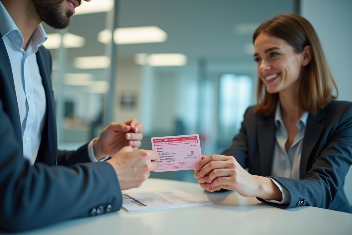 Personne remettant ancien permis a un officiel dans un bureau moderne