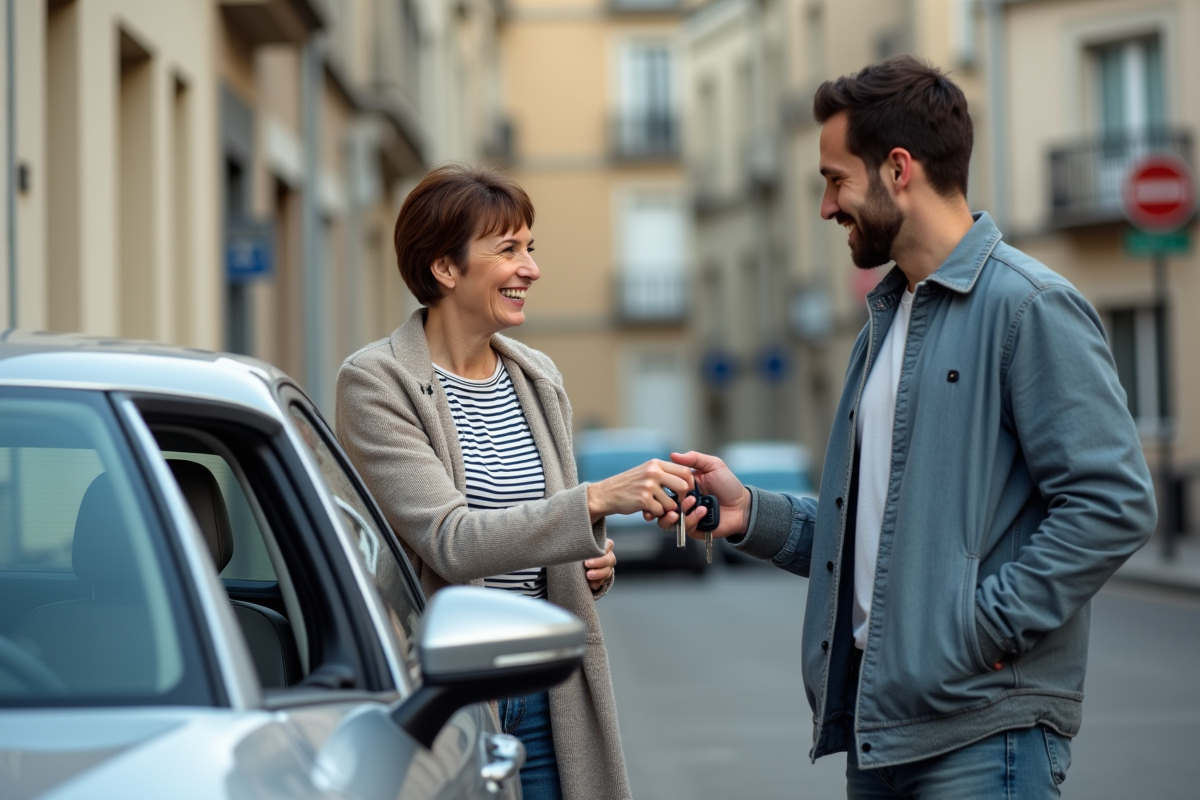 Femme donnant des clés à un homme souriant