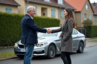 Homme et femme se serrant la main devant une BMW en France