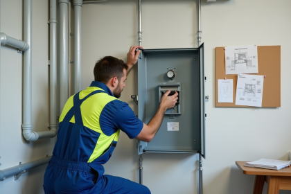 Électricien en action installant un panneau M12 dans un atelier