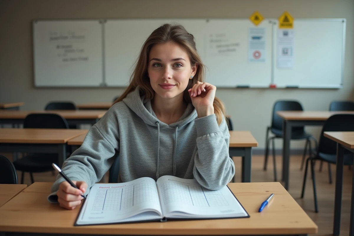 Élève conductrice révisant la grille d'évaluation du permis de conduire dans une salle de code auto-école