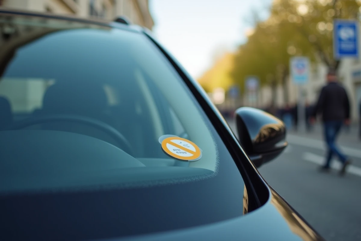 Vignette Crit'Air bien positionnée sur le pare-brise d'une voiture garée en ville