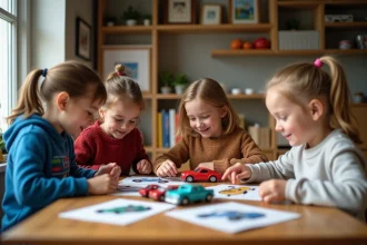 Groupe d'enfants jouant avec des voitures en bois