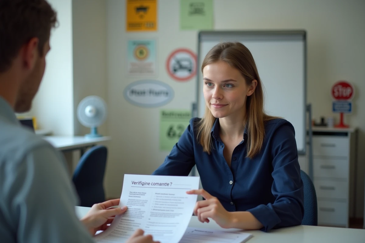 Candidate montrant une fiche de vérification lors de l'oral du permis de conduire en auto-école