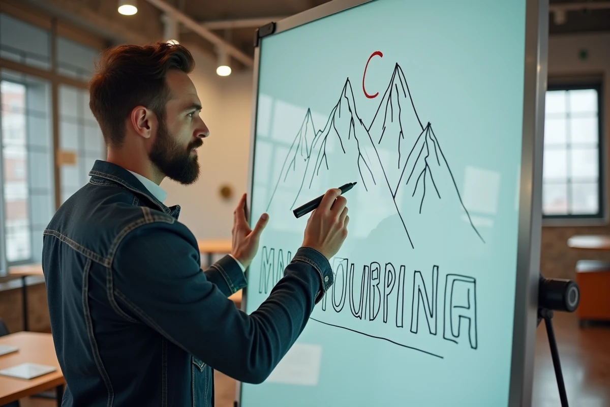 Designer debout devant un tableau blanc esquissant des concepts de logo alpin avec des variations typographiques dans une agence créative