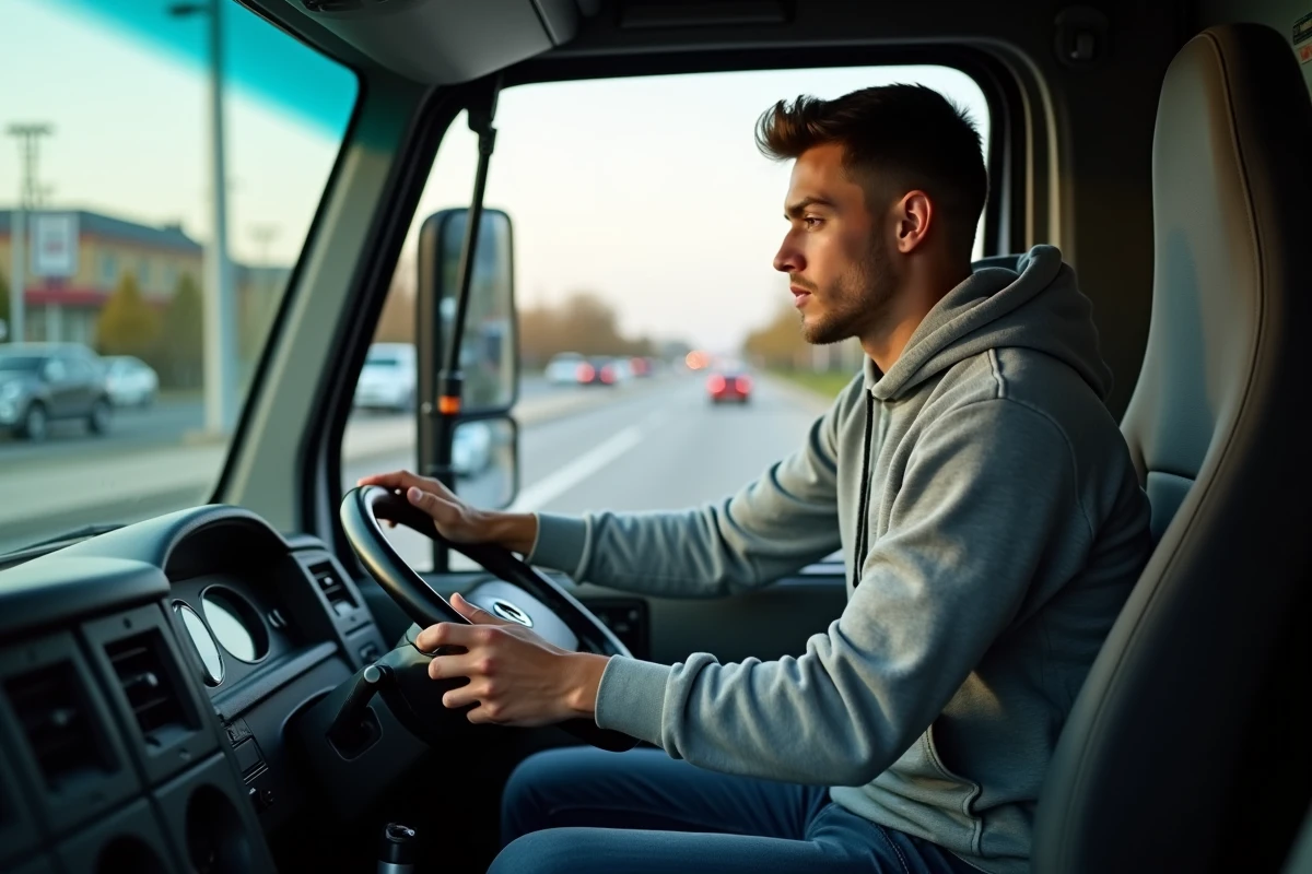 Jeune conducteur en formation pratique au volant d'un camion de livraison de taille moyenne lors d'une leçon de conduite