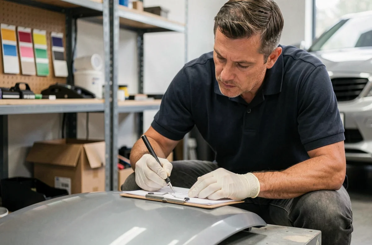 Spécialiste automobile examinant la finition d'un aile en gris nardo avec un outil de mesure d'épaisseur de peinture en atelier