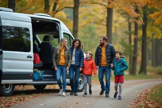 Famille mixte sortant d'un véhicule moderne en forêt