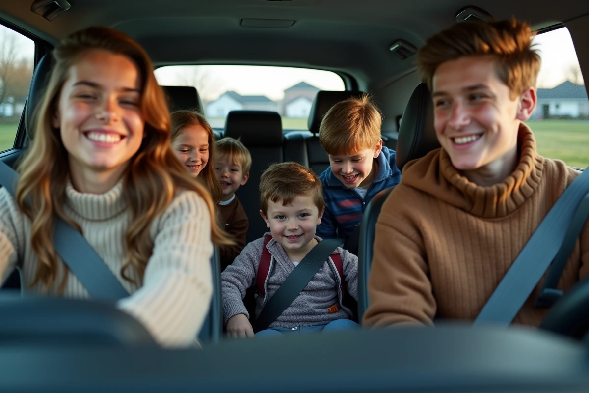 Famille assise dans la voiture prête à partir