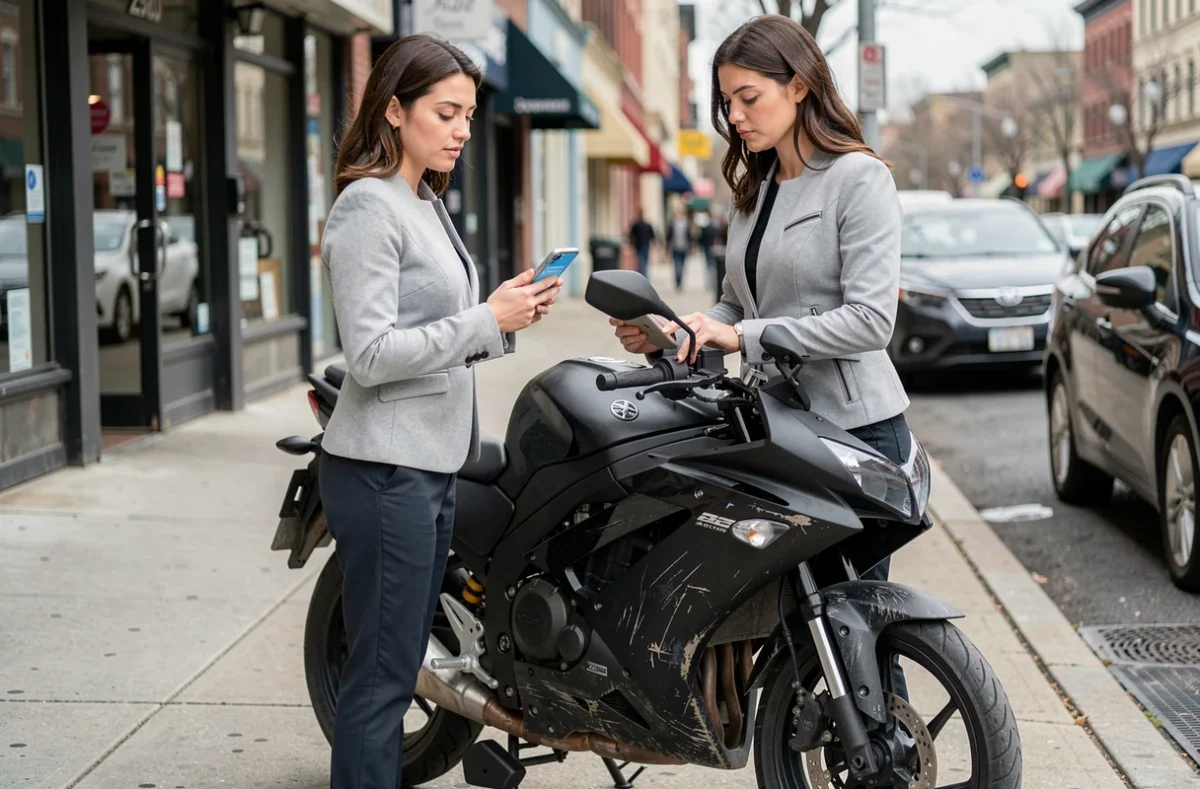 Femme consultant une application d'assurance moto sur smartphone à côté de sa moto garée en ville