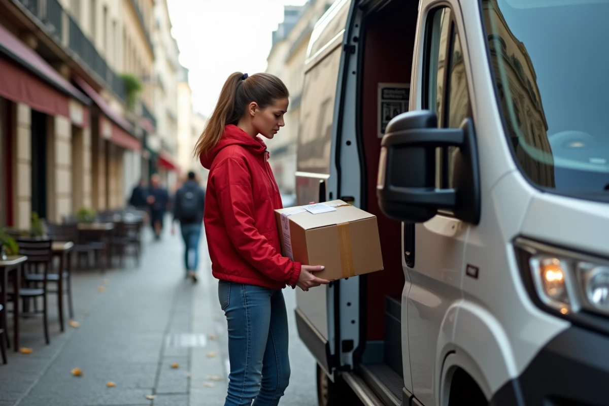 Jeune femme vérifie un ticket de stationnement près du van