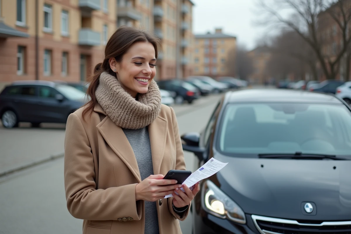Femme souriante tenant document et smartphone en extérieur