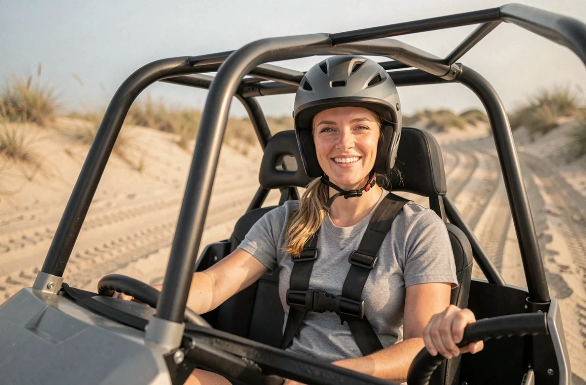 Femme au volant d'un buggy sur dune de sable, usage loisir côtier et comparaison d'assurance quad buggy