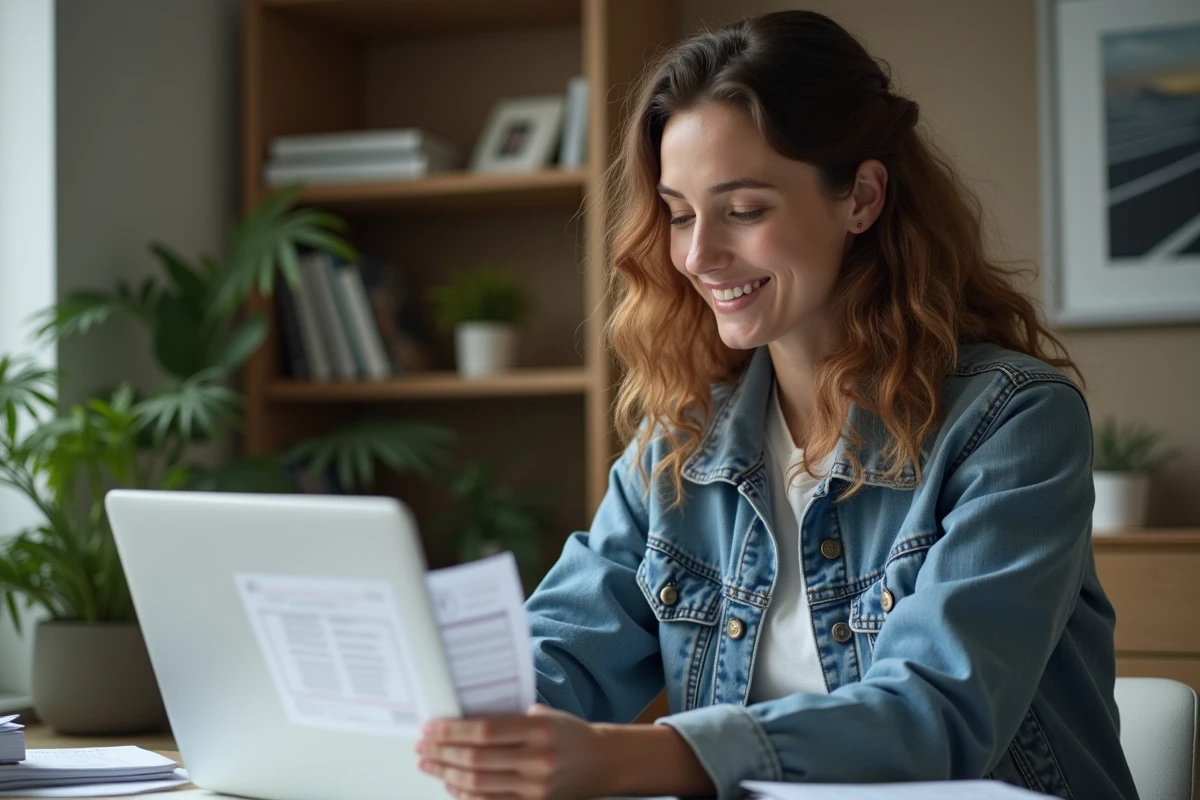Femme au bureau consulte des documents de voiture