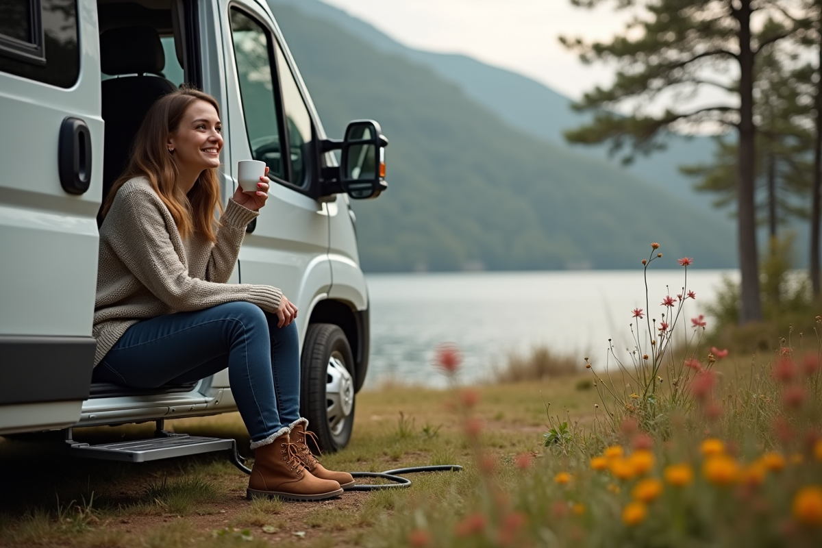 Femme souriante assise devant son van électrique au bord du lac