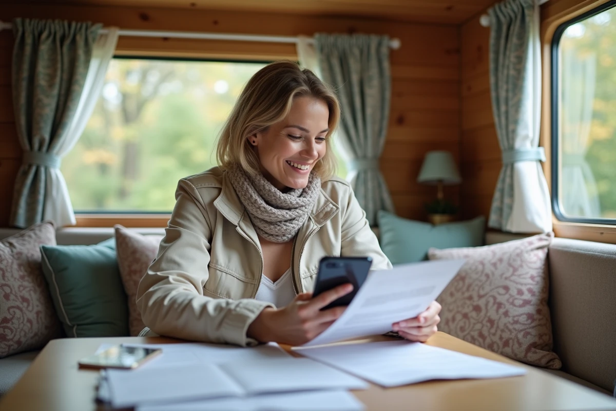 Femme souriante consulte documents dans une caravane d