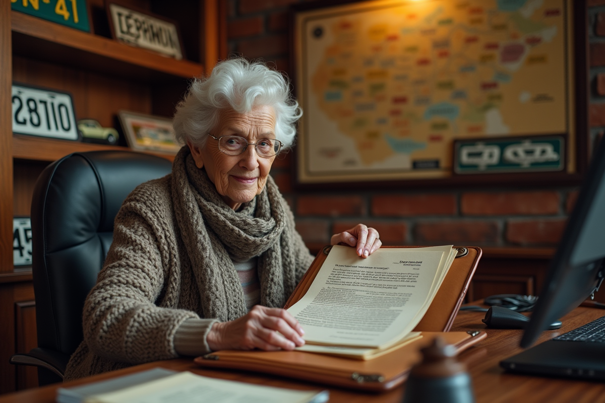 Femme âgée rangeant document de collection automobile dans son bureau