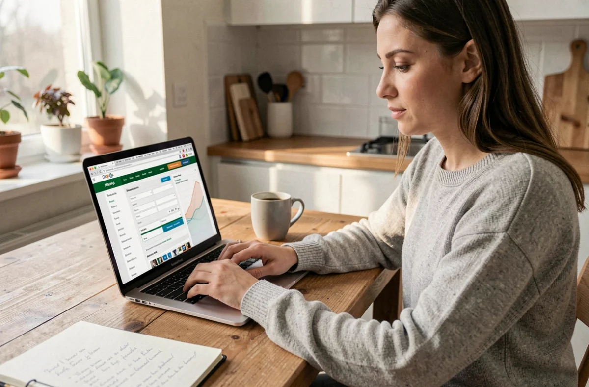 Femme comparant des devis d'assurance auto sur son ordinateur portable à la maison