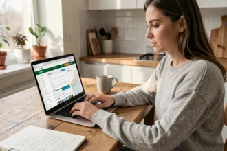 Femme comparant des devis d'assurance auto sur son ordinateur portable à la maison