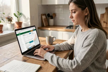 Femme comparant des devis d'assurance auto sur son ordinateur portable à la maison